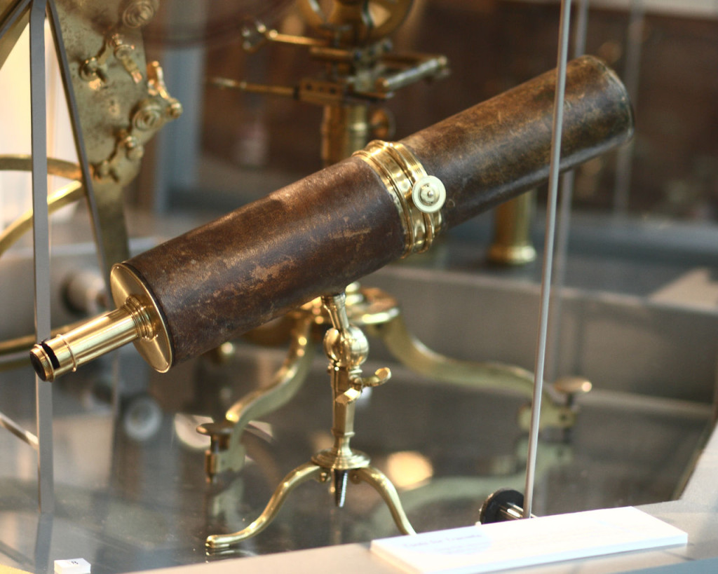 A Gregorian telescope of English manufacture circa 1735, owned by John Winthrop, on display at the Putnam Gallery in the Harvard Science Center