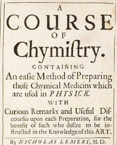 Title page of English translation of Cours de chymie (1675) by Nicholas Lemery.