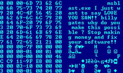 Hex dump of the Blaster worm, showing a message left for Microsoft CEO Bill Gates by the worm's programmer