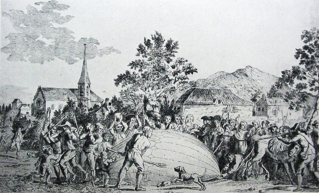 The trial balloon that bursts near Gonesse causes an uprising among the inhabitants. Led by the clergy, they pounce on the "devil's device" and finish it off.