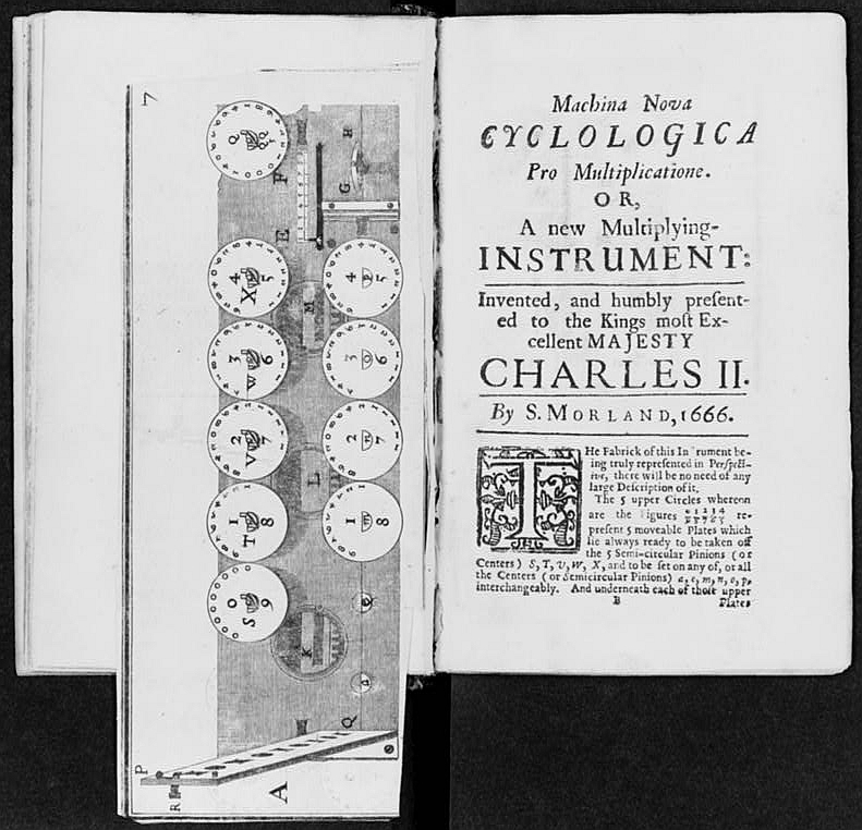 Calculating device invented by Samuel Morland (1625-1695). "Machina Nova Cyclogica pro Multiplicatione. Or, A new Multiplying Instrument."