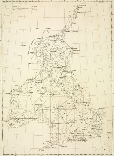 The principal triangulation mesh over Britain, 1860