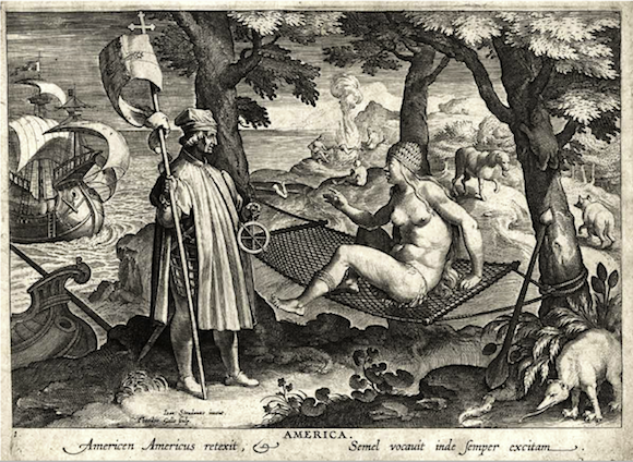 Vespucci awakens "America" in a Stradanus's engraving