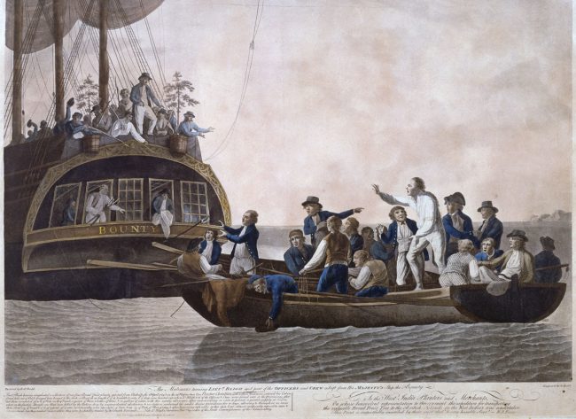 The Mutineers turning Lt Bligh and part of the Officers and Crew adrift from His Majesty's Ship the Bounty, 29th April 1789, picture by Robert Dodd (1790)