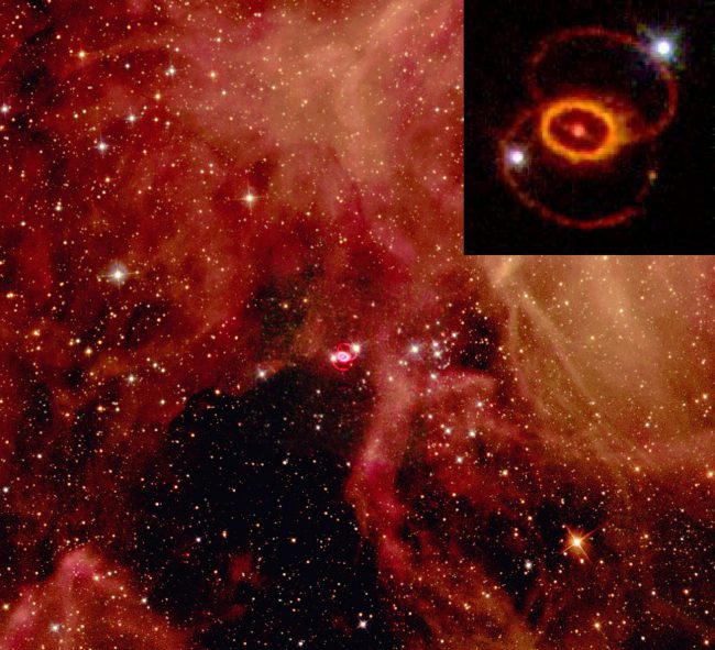 1987A supernova remnant near the center. Composite of two public domain NASA images taken from the Hubble Space Telescope. Edited with the GIMP. Uploaded to en:Wiki by en:User:Maveric149,