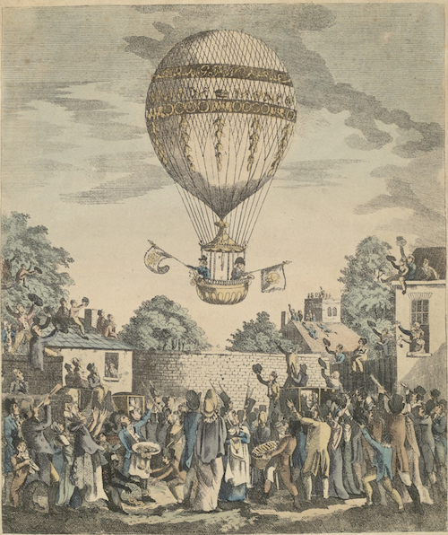 A view of the balloon of Mr. Sadler's ascending. Print illustrating Sadler's ascent on 12 August 1811