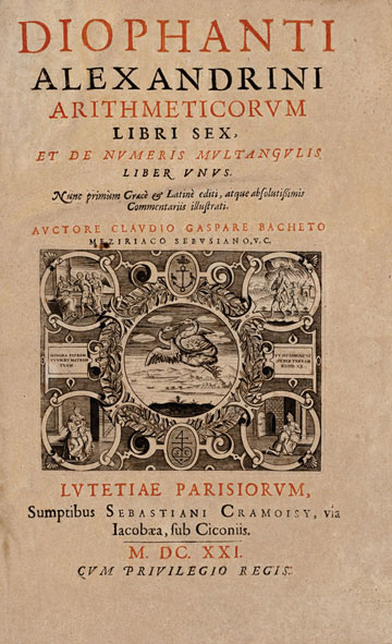 Diophantus of Alexandria - Title page of the 1621 edition of Diophantus' Arithmetica, translated into Latin by Claude Gaspard Bachet de Méziriac.
