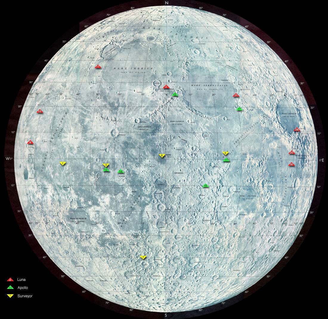 Locations of Luna landings on the Moon are marked in red; Apollo missions in green, and Surveyor in yellow.