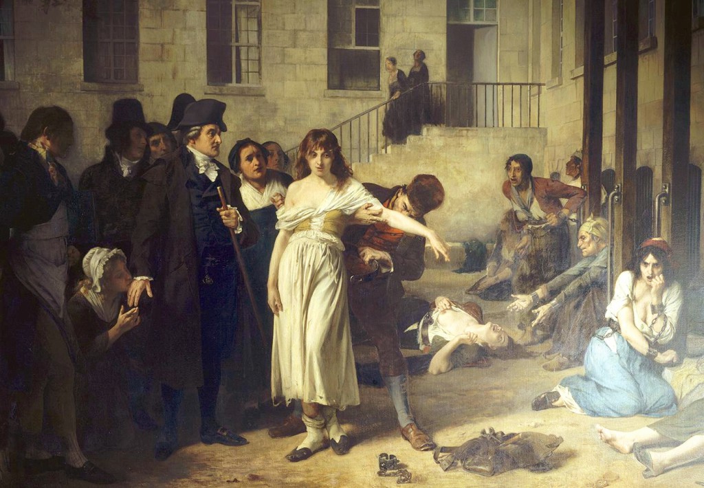 Dr. Philippe Pinel at the Salpêtrière, 1795 by Tony Robert-Fleury. Pinel ordering the removal of chains from patients at the Paris Asylum for insane women