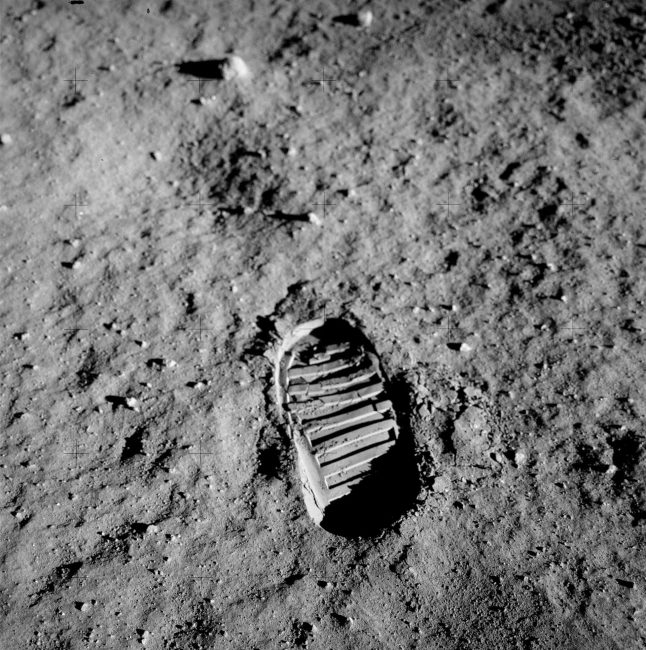 Bootprint of Lunar Module Pilot Buzz Aldrin on the surface of the Moon. Aldrin photographed this bootprint on July 20, 1969, as part of investigations into the soil mechanics of the lunar surface.