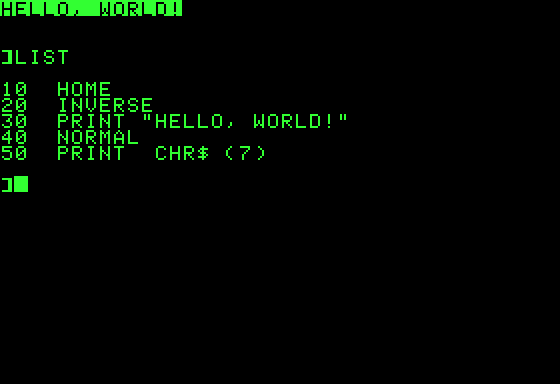 Simple "Hello World" program in the BASIC programming language on an Apple II