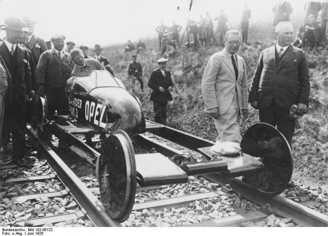 His RAK.3 rocket-powered railway car in 1928
