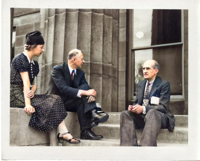 Clark Leonard Hull (center) and psychologist James Burt Miner, taken by Marjorie Van de Water, at the American Psychological Association meeting, September 1937