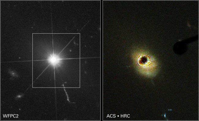 Hubble images of quasar 3C 273. At right, a coronagraph is used to block the quasar's light, making it easier to detect the surrounding host galaxy.