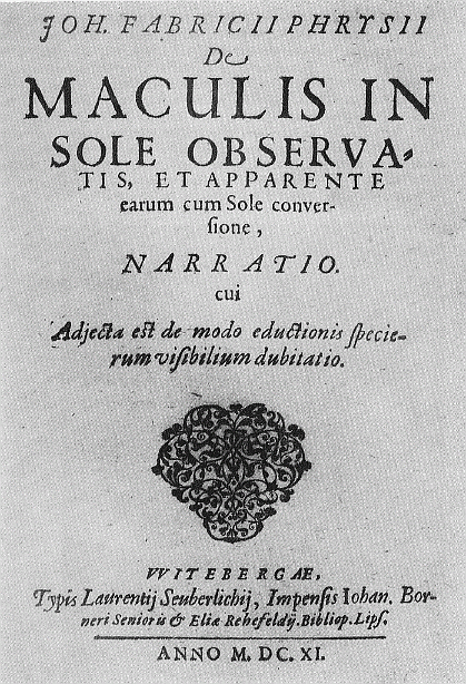 Title page of De Maculis in sole observatis et apparente earum cum Sole conversione, Narratio (1611)