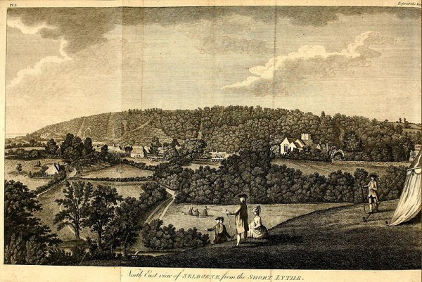 Foldout frontispiece, North East view of Selborne from the Short Lythe, of Gilbert White's The Natural History and Antiquities of Selborne, 1789, drawn by Samuel Hieronymus Grimm.