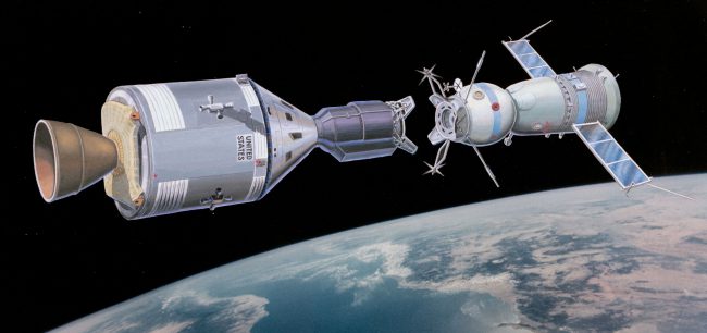  An artist's concept illustrating an Apollo-type spacecraft (on left) about to dock with a Soviet Soyuz-type spacecraft