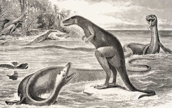 Dryptosaurus (formerly Lealaps) confronting Elasmosaurus. Hadrosaurus foraging in background. Note that the head of Elasmosaurus was erroneously placed by Cope on the "short end" now known to be the tail. From: Cope, E.D. "The fossil reptiles of New Jersey," in: American Naturalist, vol. 3 (1869), pp. 84-91.