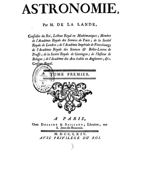 Inside front cover, Astronomie de J. La Lande, 1764