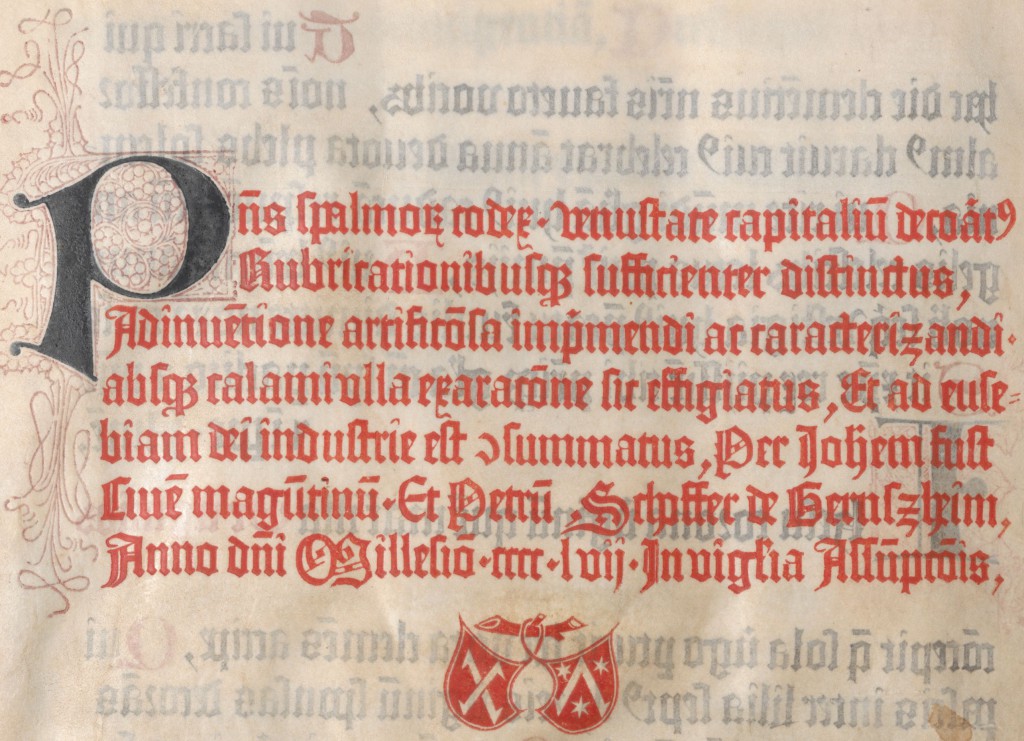 Colophon (Printer's Mark) of Johann Fust and Peter Schöffer in the Mainz Psalter of 1457 (from a digitized copy in the Astrian National Library [1])