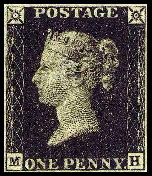 The Penny Black, the World's first adhesive postage stamp, issued in May 1840