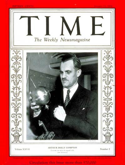 Compton on the cover of Time Magazine on January 13, 1936, holding his cosmic ray detector