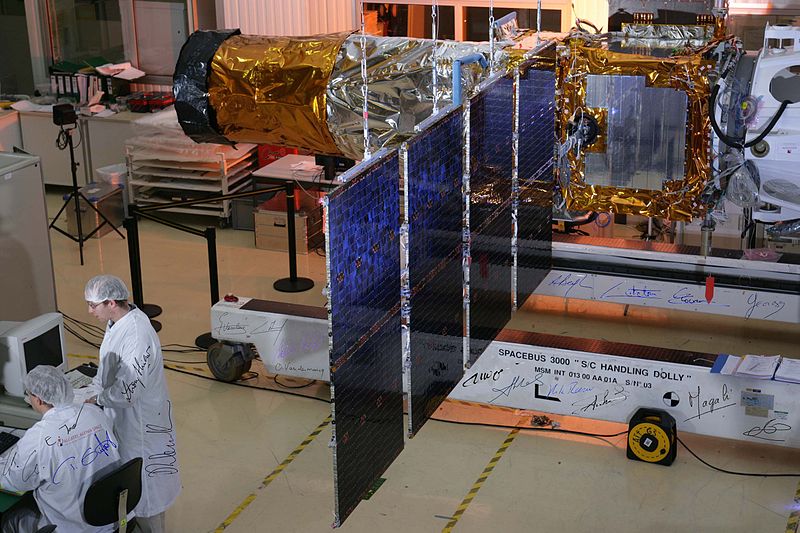 The CoRoT satellite in the integration hall of Thales Alenia Space, Cannes