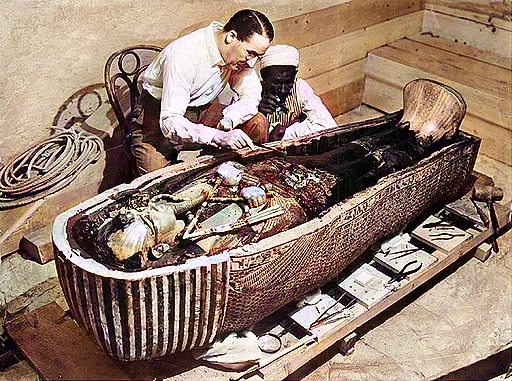 Howard Carter opens the innermost shrine of King Tutankhamun's tomb near Luxor, Egypt which one of carter's water boy found the steps down to. (1925)