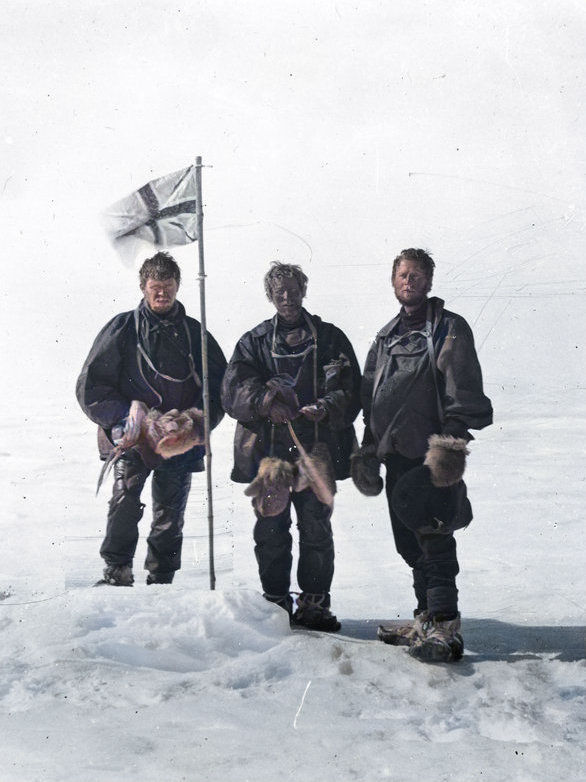 Mackay, Edgeworth David, and Mawson at the Southern Magnetic Pole, 17 January 1909, Nimrod Expedition