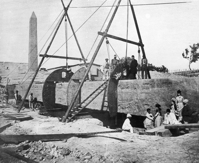 Cleopatra's Needle: construction of the cylinder around the Needle for transport to London.