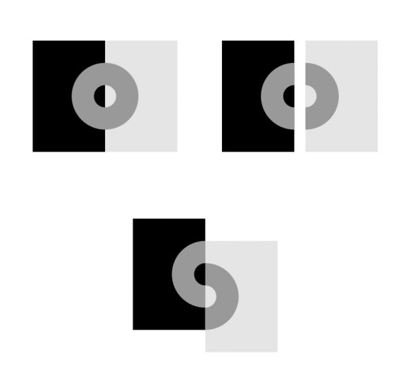 Koffka Ring - Koffka offered an example of how simultaneous contrast can be manipulated by changing spatial configuration. The upper right ring appears almost uniform in color. When the stimulus is split in two, as shown in the upper left, the two half-rings appear to be different shades of gray. The two halves now have separate identities, and each is perceived within it own context. A novel variant that involves transparency is shown below. The left and right half-blocks are slid vertically, and the new configuration leads to a very different perceptual organization and a strong lightness illusion. 