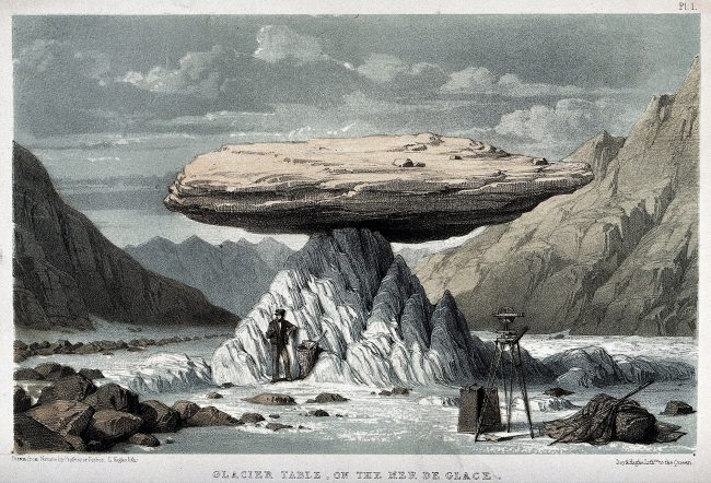 Mont Blanc: a flat boulder raised on a pinnacle of ice. Colour lithograph by Louis Haghe after J.D. Forbes. 