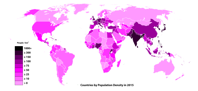 Map of population density by country, per square kilometer