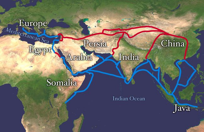 Extent of Silk Route/Silk Road. Red is land route and the blue is the sea/water route.
