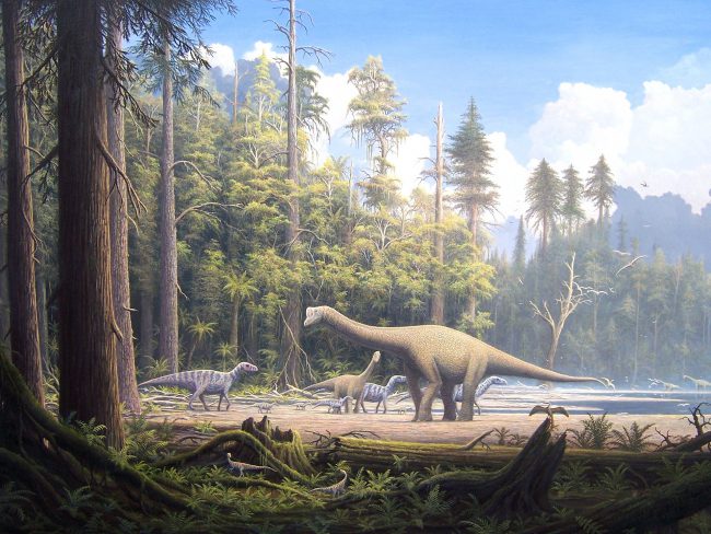 Painting of a late Jurassic Scene on one of the large island in the Lower Saxony basin in northern Germany. It shows an adult and a juvenile specimen of the sauropod Europasaurus holgeri and iguanodons passing by. There are two Compsognathus in the foreground and an Archaeopteryx at the right.