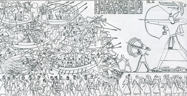 This famous scene from the north wall of Medinet Habu is often used to illustrate the Egyptian campaign against the Sea Peoples in what has come to be known as the Battle of the Delta