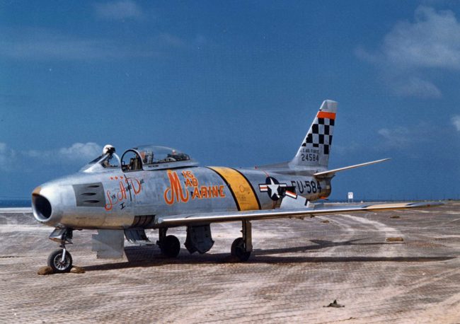 Glenn's USAF F-86F, dubbed "MiG Mad Marine", during the Korean War in 1953. 
