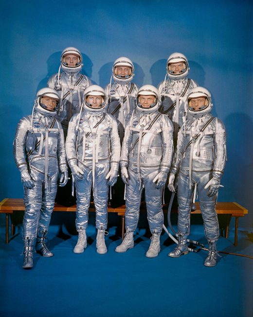 On April 9, 1959, NASA introduced its first astronaut class, the Mercury 7. Front row, left to right: Walter M. Schirra, Jr., Donald K. "Deke" Slayton, John H. Glenn, Jr., and M. Scott Carpenter; back row, Alan B. Shepard, Jr., Virgil I. "Gus" Grissom, and L. Gordon Cooper, Jr.