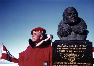 Gould next to a bust of Richard E. Byrd in Antarctica, 1977
