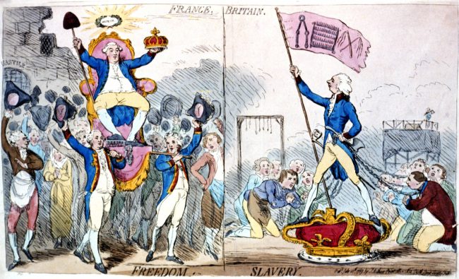 In this 1789 engraving, James Gillray caricatures the triumph of Necker (seated, on left) in 1789, comparing its effects on freedom unfavorably to those of William Pitt the Younger in Britain. France has the caption "Freedom," while Britain has the caption "Slavery."