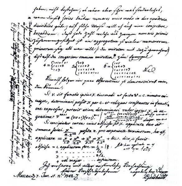 Letter by Goldbach to Leonard Euler dated June 7, 1742 