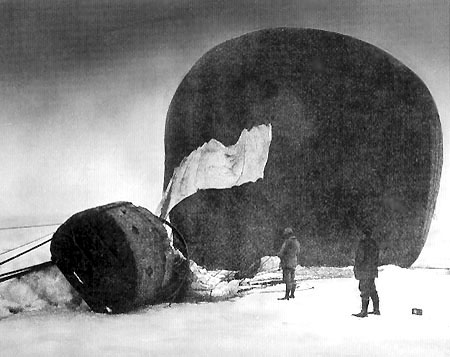 Örnen (The Eagle) along with Salomon Auguste Andrée and Knut Frænkel shortly after its descent onto pack ice. Photographed by Nils Strindberg.