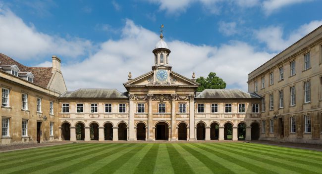 The front court of Emmanuel College in Cambridge, England, by Christopher Wren.