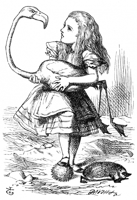 Illustration from "Alice in Wonderland", "The chief difficulty Alice found at first was in managing her flamingo". Illustration by John Tenniel, 1865.