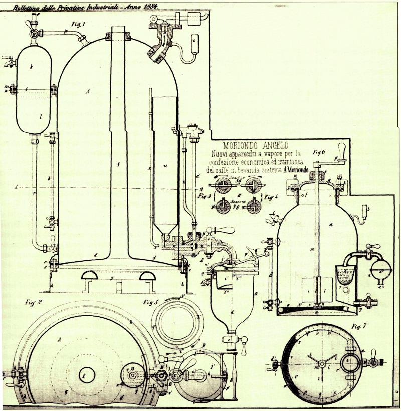 First patent for the espresso machine, Angelo Moriondo (1884)