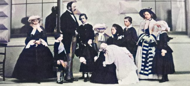 Albert, Victoria and their nine children, 1857. Left to right: Alice, Arthur, Prince Albert, Albert Edward, Leopold, Louise, Queen Victoria with Beatrice, Alfred, Victoria and Helena.