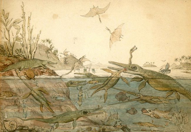 Duria Antiquior - A more Ancient Dorset, 1830 watercolour by Henry De la Beche, based on Buckland's account of Mary Anning's discoveries