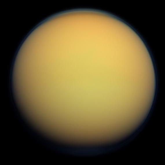 Titan, Saturn's largest moon in true colors, depicted in 2012