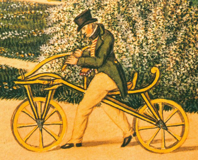 Karl von Drais on his original Laufmaschine, the earliest two-wheeler, in 1819
