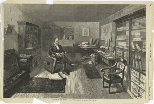 Scientist and Harvard professor Louis Agassiz pictured in his studio. From Harper's Weekly, January 24, 1874.